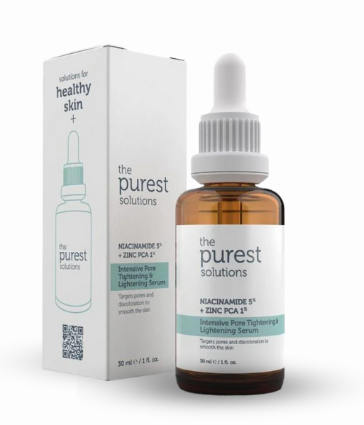 "A 30ml bottle of The Purest Solutions Intensive Pore Tightening & Lightening Serum, with a white and minimalist label"
