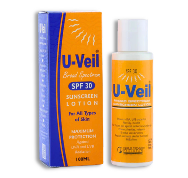 U-Veil Lotion SPF 30 sunscreen bottle for UVA and UVB protection