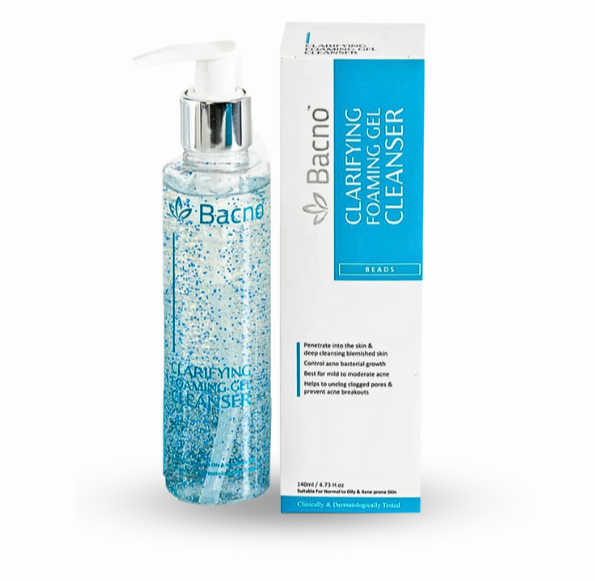 Bacno Clarifying Foaming Gel Cleanser 140ml bottle, featuring a light blue gel and a green label. The product is designed for acne-prone skin. 