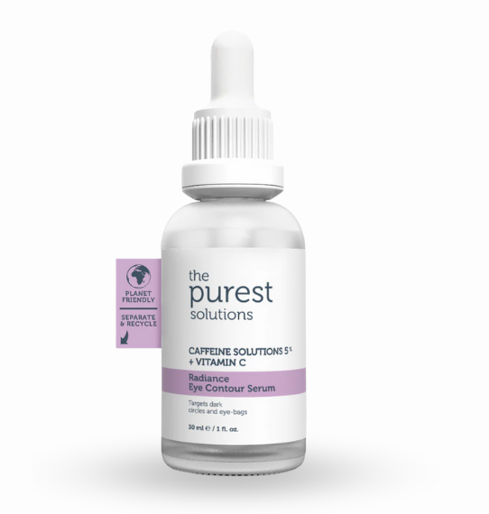 The Purest Solutions Radiance Eye Contour Serum 30ml bottle. The clear glass bottle shows a light yellow serum and is topped with a black dropper cap. It is used to target dark circles and eye bags